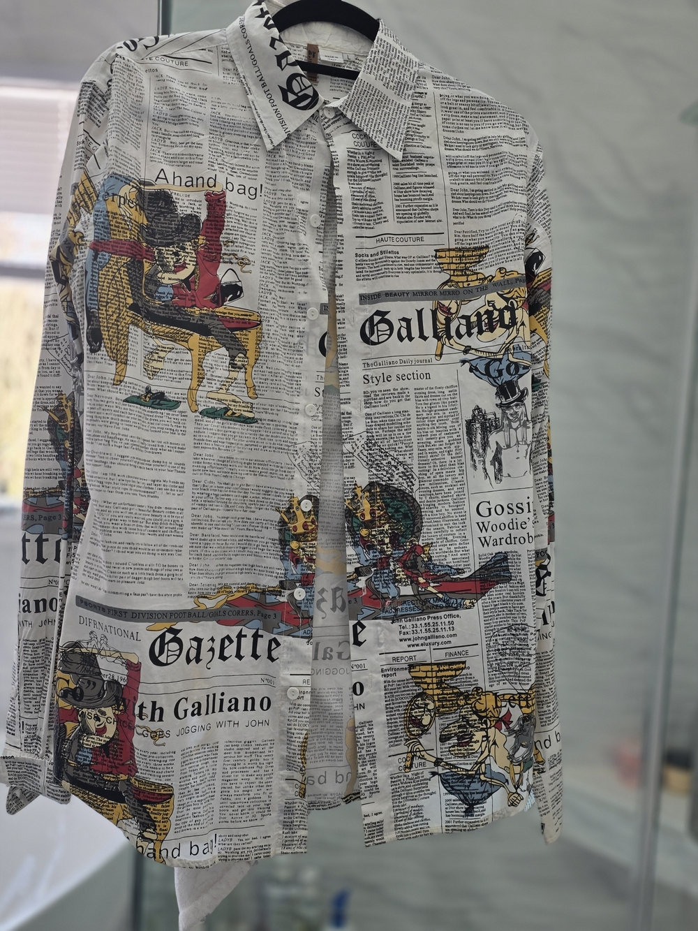 Galliano White Newspaper-Print Button Down Shirt with Multicolor Accents